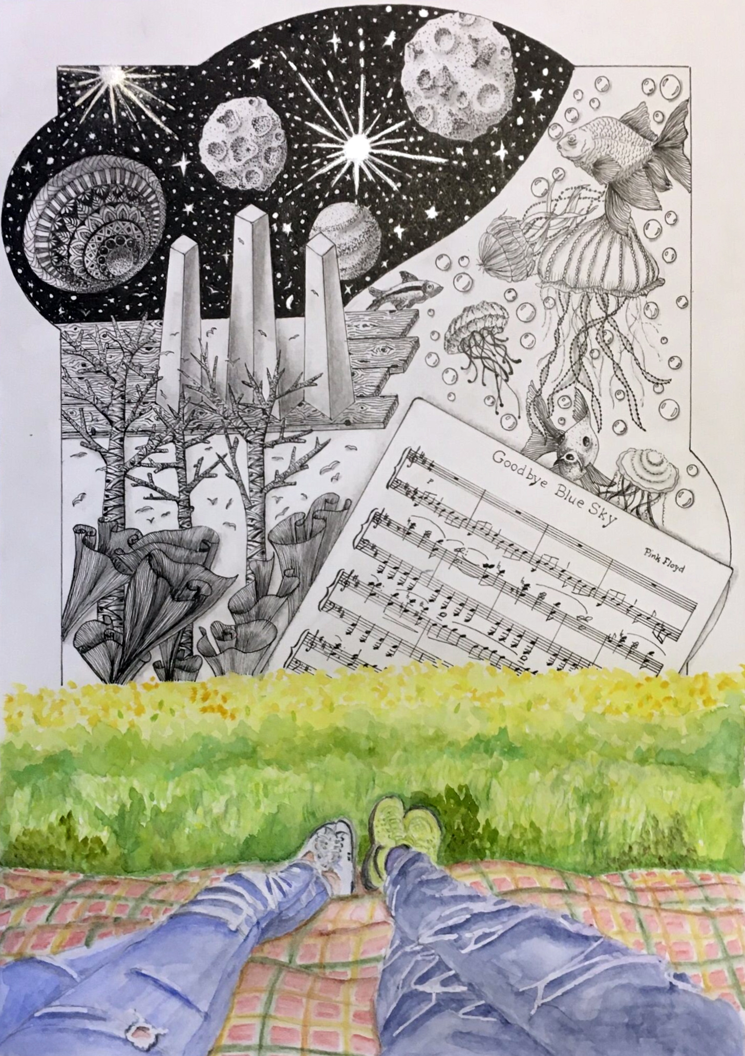 Roberta Mello Teggia - Sogni, guardando il cielo - Acquerello e disegno con fineliners - 30x42 cm