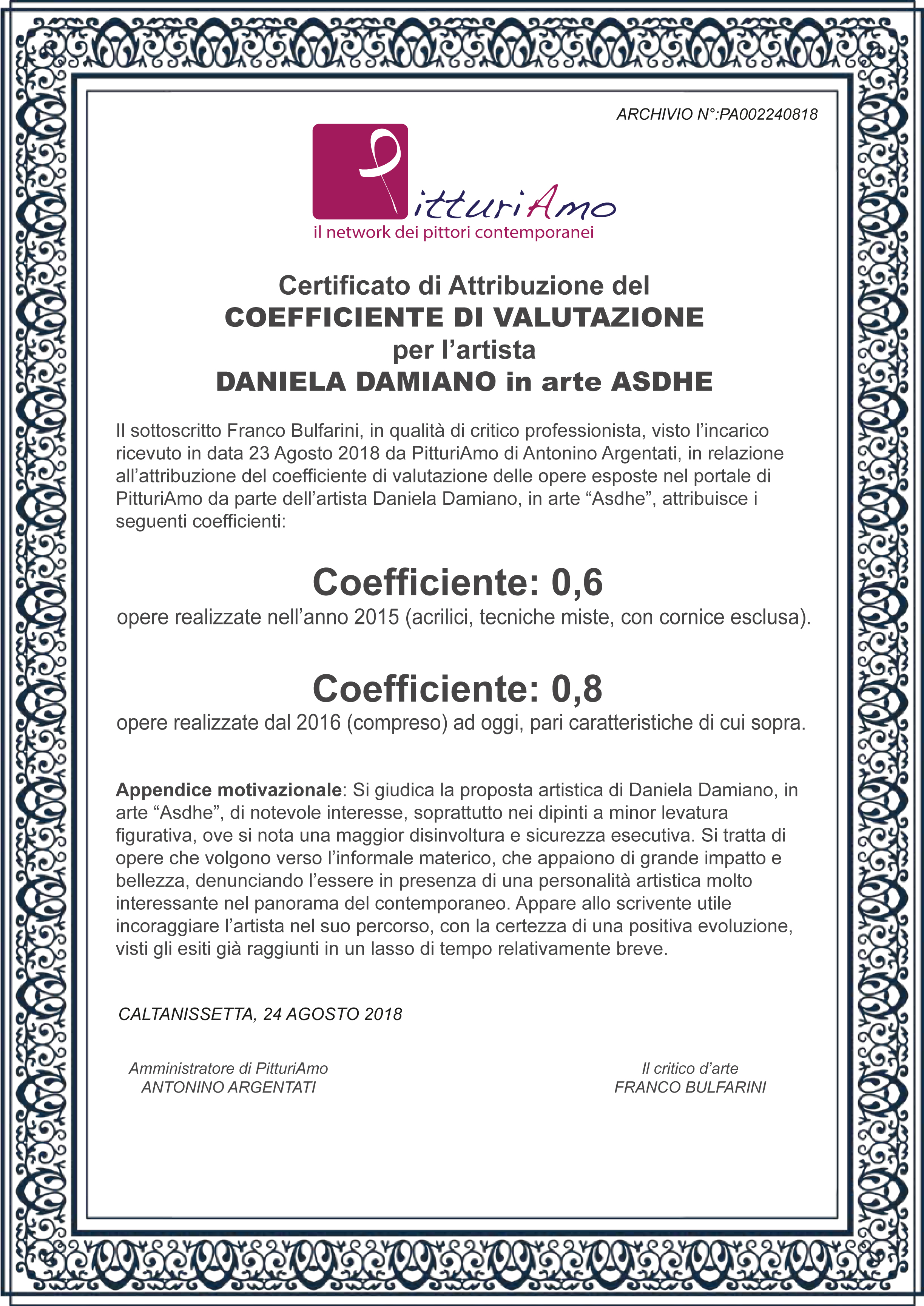 Certificazione di attribuzione del Coefficiente d'artista di Daniela Damiano - ASDHE