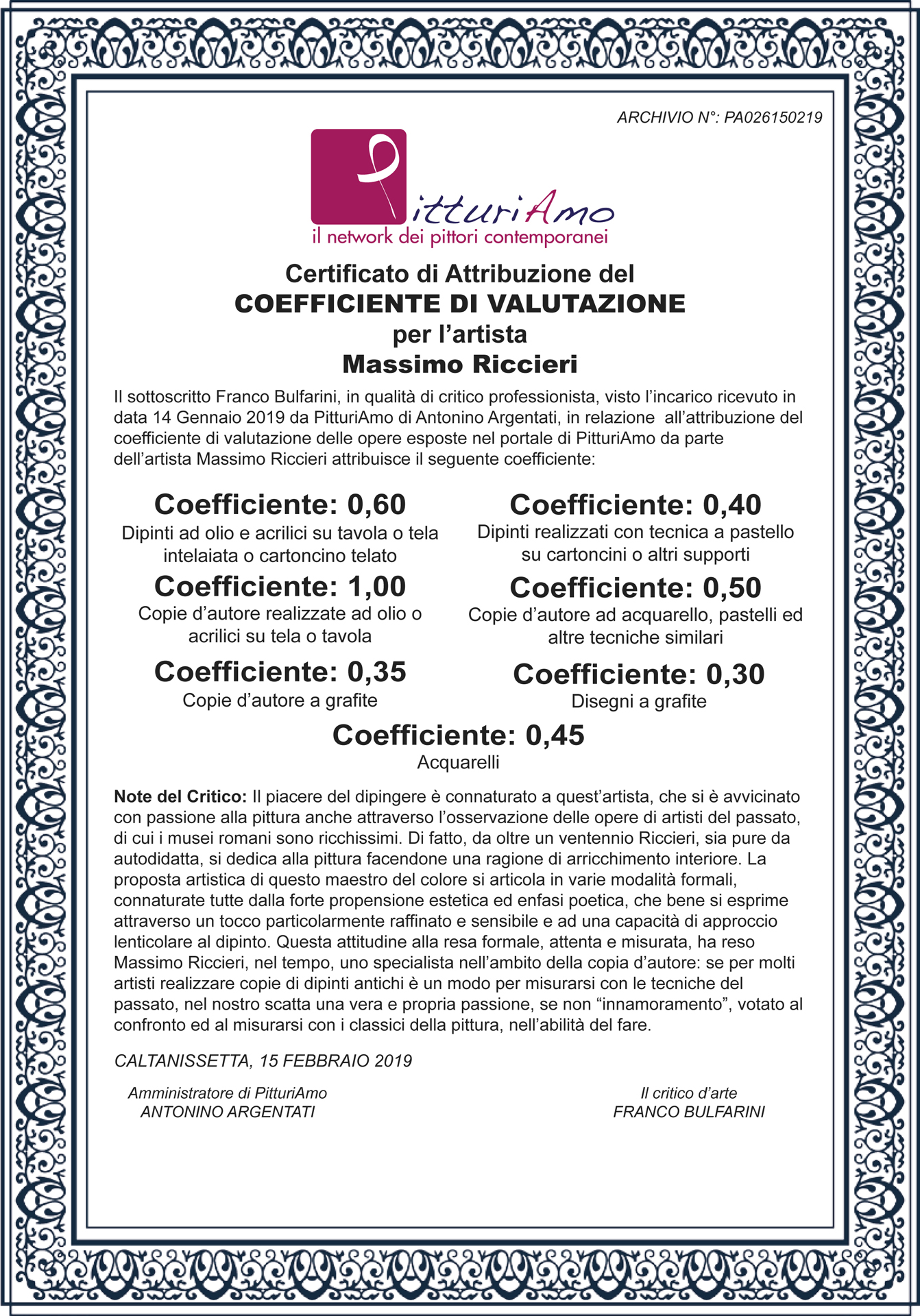 Certificazione del Coefficiente artistico - Massimo Riccieri - Artista e Maestro di PitturiAmo©