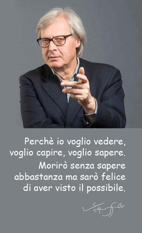 Mezzo busto di Vittorio Sgarbi con testo motivazionale e firma