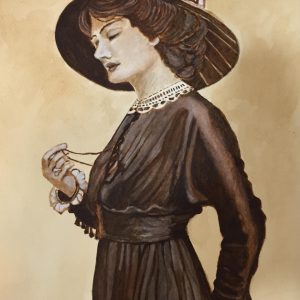 Donna con cappello - Acquerello con caffè su carta - 30x40cm