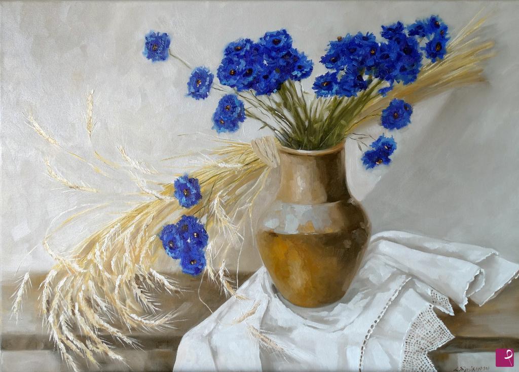 Quadro natura morta " Fiordalisi e spighe di grano" dell'artista contemporanea Larisa Smirnova